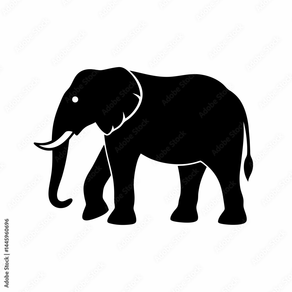 Silhouette of a black elephant with tusks and trunk raised Silhouette of a black elephant with tusks and trunk raised