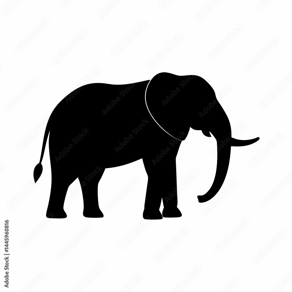 Obraz premium Silhouette of a black elephant with tusks and trunk raised