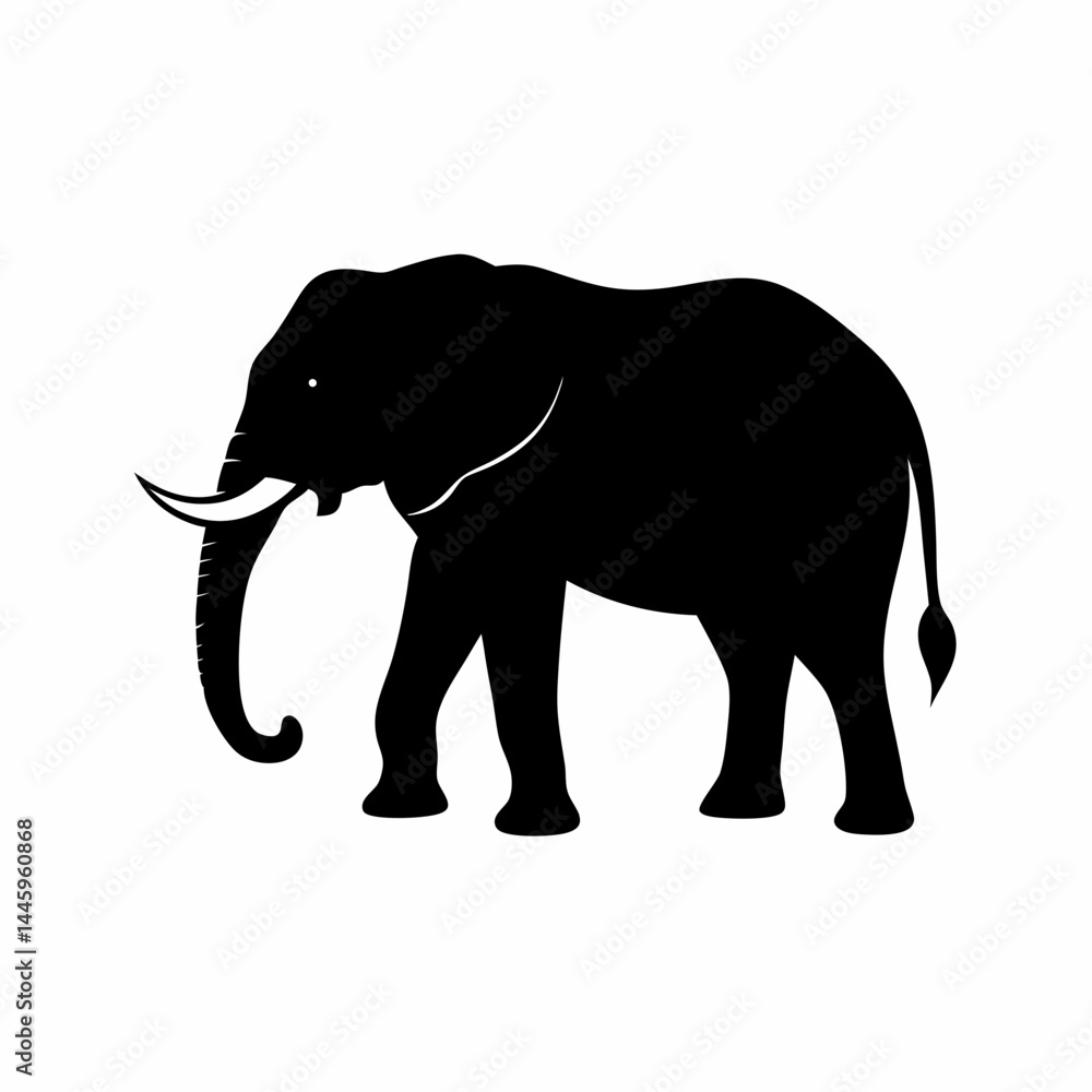 Obraz premium Silhouette of a black elephant with tusks and trunk raised