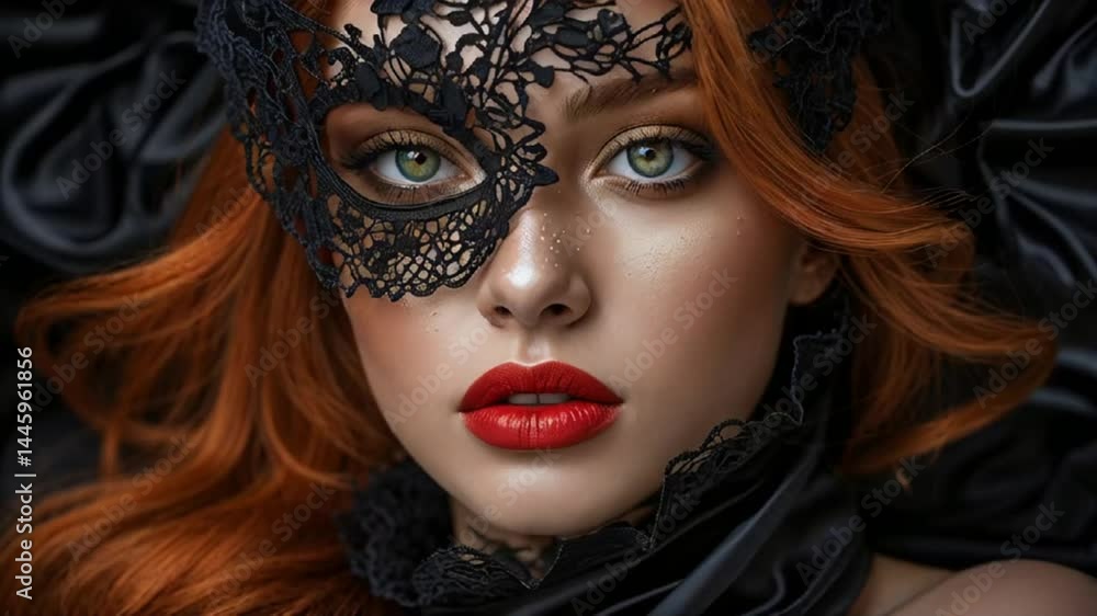 Face of a beautiful glamorous woman, black lace, red hair Face of a beautiful glamorous woman, black lace, red hair