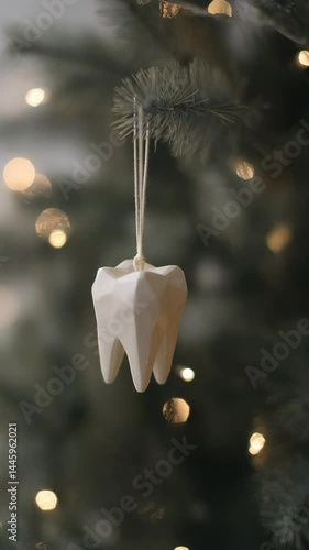 Geometric tooth ornament on evergreen tree with bokeh Christmas lights creating a dental holiday scene for festive decor.