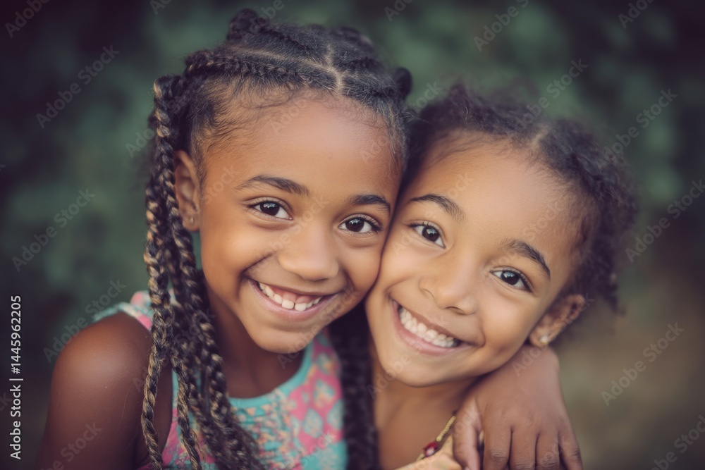 Fototapeta premium Two lovely young girls share a loving embrace and a brilliant, infectious smile.