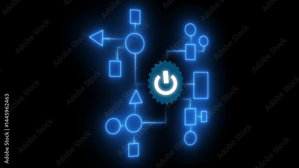Business process and workflow automation with flowchart. Business and technology concept. Businessman push on power. Business process and workflow automation with flowchart. Business and technology concept. Businessman push on power.
