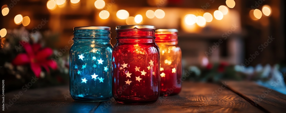 Festive Fourth of July mason jar lanterns in patriotic colors of red, white, and blue, perfect for celebrations and outdoor gatherings. Festive Fourth of July mason jar lanterns in patriotic colors of red, white, and blue, perfect for celebrations and outdoor gatherings.