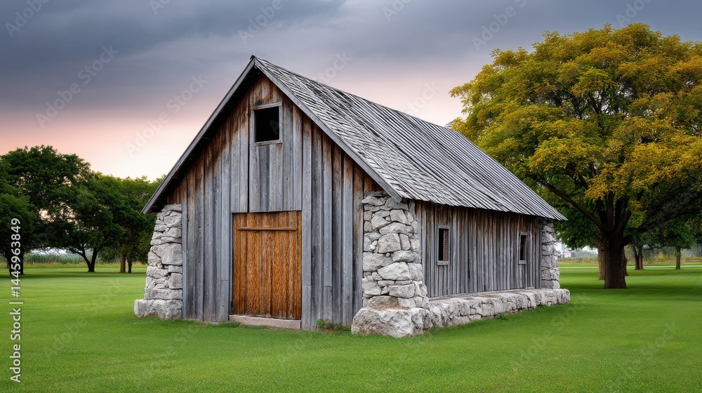Rustic Wooden Barn Surrounded by Lush Greenery Under Dramatic Sky Rustic Wooden Barn Surrounded by Lush Greenery Under Dramatic Sky