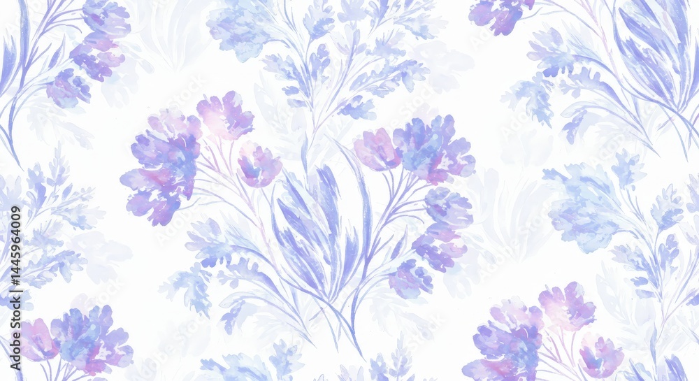 Fototapeta premium Flower and Leaf Pattern in Purple Watercolor Style