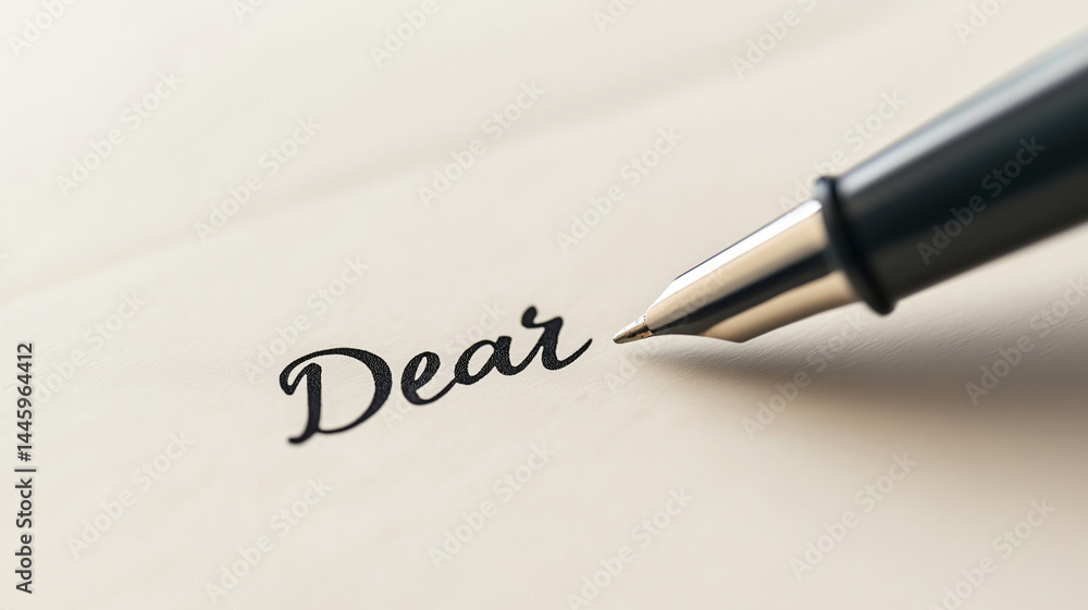 Close up of elegant fountain pen writing Dear in cursive, starting a heartfelt letter on a soft ivory paper Close up of elegant fountain pen writing Dear in cursive, starting a heartfelt letter on a soft ivory paper