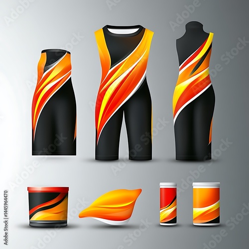 Athletic Wear Design Featuring Orange and Black Abstract Flares