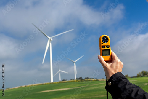 Quadro su tela Engineer measuring wind speed for renewable energy with anemometer and wind turb