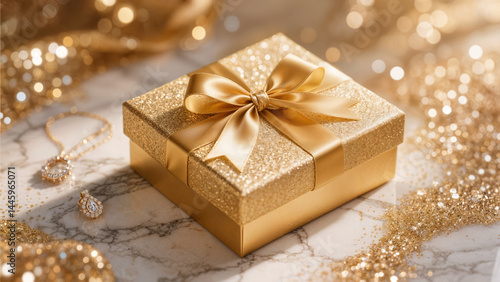 a luxury gift box with golden ribbon on marble background, glitter and sparkles around