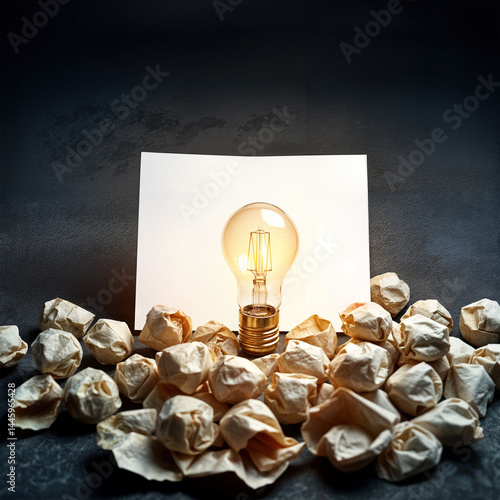 a glowing classic light bulb floating in mid-air above a white desk