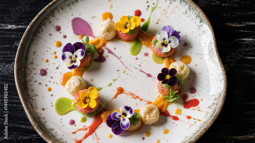 a colorful top-down view of a gourmet dish arranged on a ceramic plate