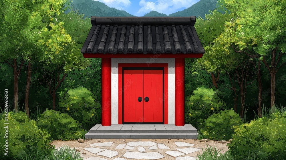 Red Temple in Lush Green Garden Pixel Art Illustration Red Temple in Lush Green Garden Pixel Art Illustration