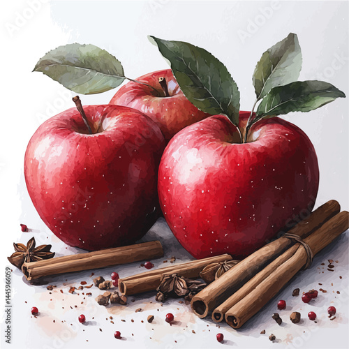 watercolor of Warm Baked Apple With Cinnamon, vector, isolated on a white background.