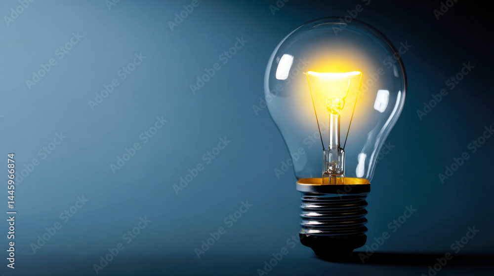 Light bulb glowing brightly against a dark blue background creating a warm ambiance Light bulb glowing brightly against a dark blue background creating a warm ambiance