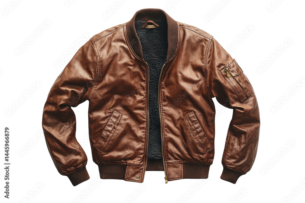 Rich brown leather bomber jacket classic style soft texture detailed stitching casual wear fall Rich brown leather bomber jacket classic style soft texture detailed stitching casual wear fall