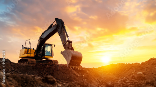 Heavy excavator carving deep trench, golden sunset casting dramatic shadows across rugged construction landscape