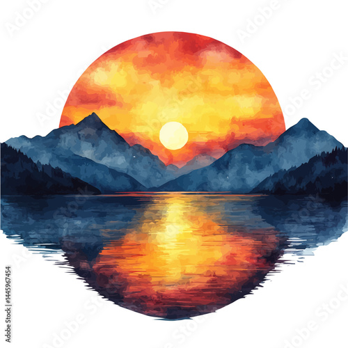 Warm Autumn Sunset Over A Quiet Lake, watercolor vector, isolated on a white background.