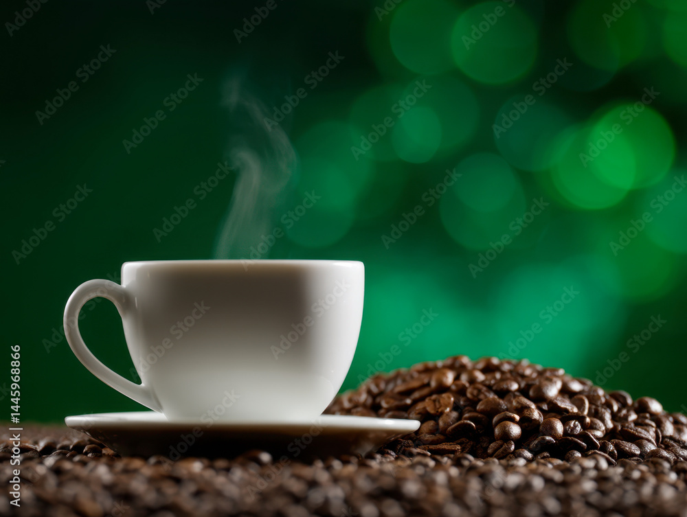 Steaming cup of coffee surrounded by roasted beans on a vibrant green background Steaming cup of coffee surrounded by roasted beans on a vibrant green background