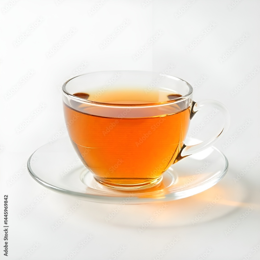Hot Black Tea in Transparent Glass Cup on White Background – Minimalist Tea Photography. Hot Black Tea in Transparent Glass Cup on White Background – Minimalist Tea Photography.