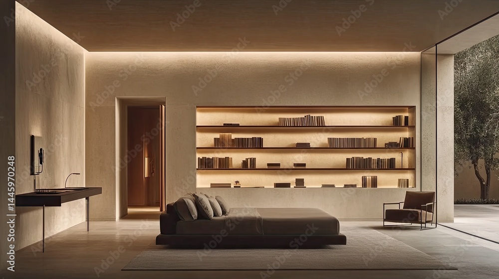 Minimalist bedroom featuring a built-in shelving unit. Minimalist bedroom featuring a built-in shelving unit.