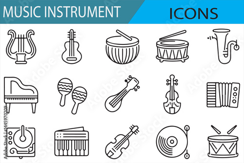 Set of Musical Instrument Icons for Illustrating Sound and Melody