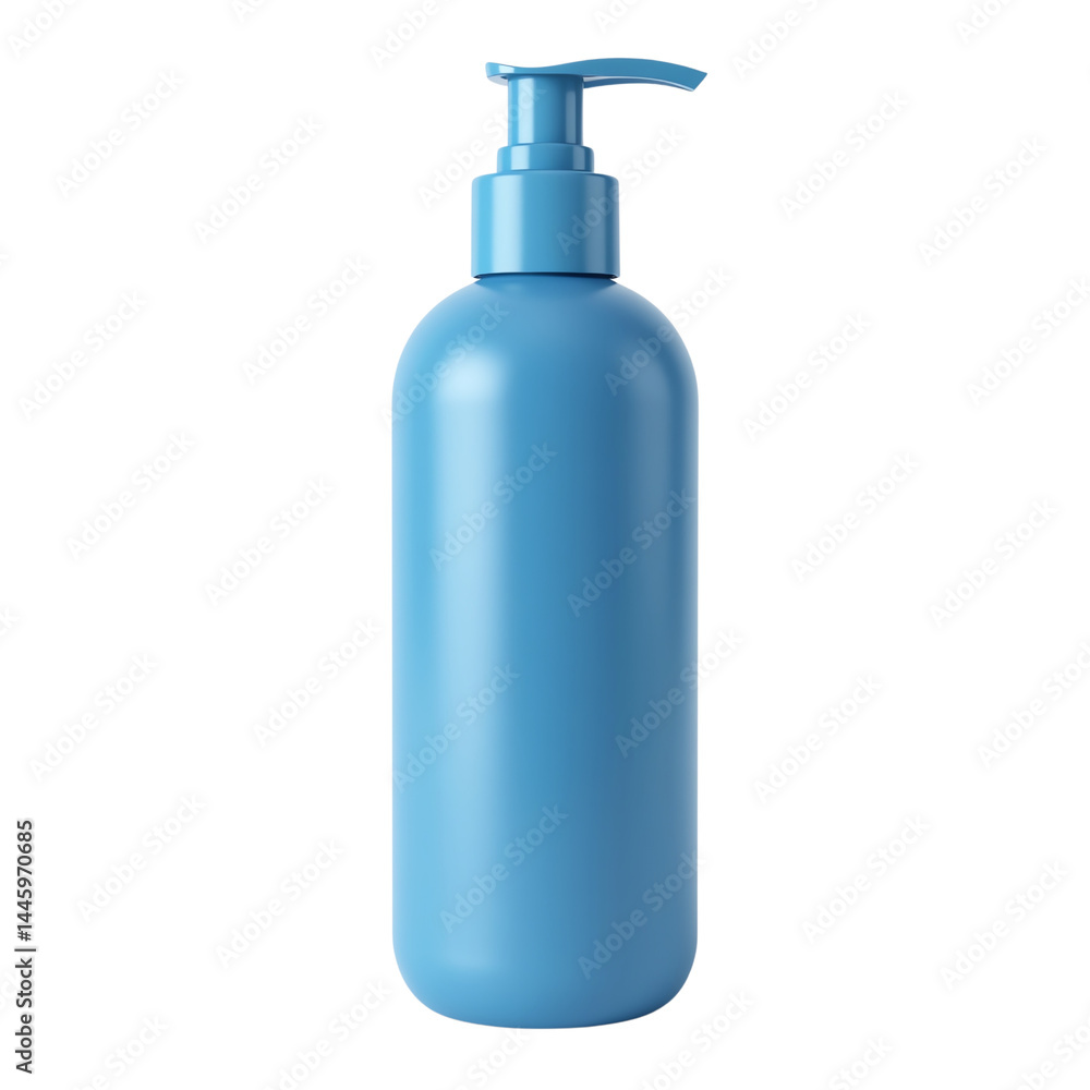 Blue plastic bottle with pump, white background Blue plastic bottle with pump, white background
