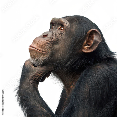 Thoughtful chimpanzee png pondering monkey png intelligent primate png thinking ape png sitting chimp png white background image