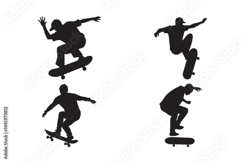 Skateboarder Silhouettes Performing Tricks Vector Style Jump Poses