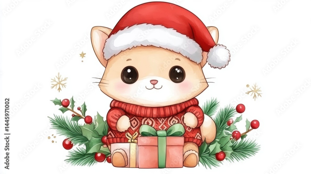 A cute illustration of a cat wearing a Santa hat and cozy sweater, surrounded by holiday decor, Ideal for seasonal greeting cards, festive decorations, or holiday-themed merchandise, A cute illustration of a cat wearing a Santa hat and cozy sweater, surrounded by holiday decor, Ideal for seasonal greeting cards, festive decorations, or holiday-themed merchandise,