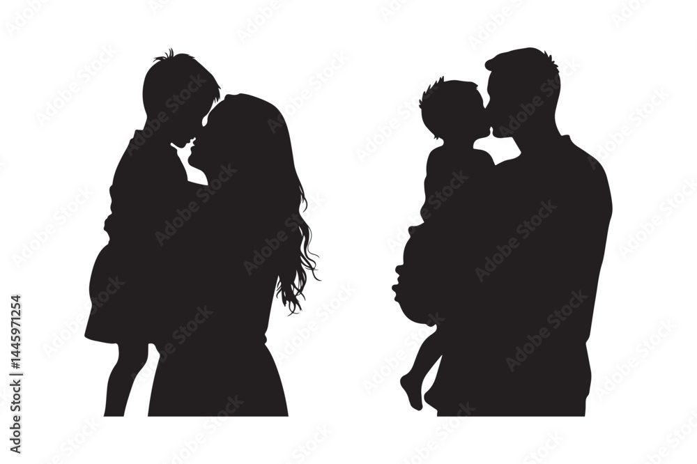 Parent and Child Love Silhouettes Mother Father Holding Kids Vector Art Parent and Child Love Silhouettes Mother Father Holding Kids Vector Art
