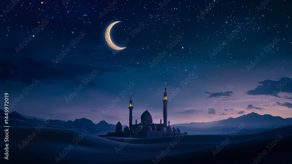 Naklejka premium Night scene of a mosque in the desert under a crescent moon and starry sky.