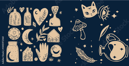 Hand-drawn vintage mystical and magic symbols illustration