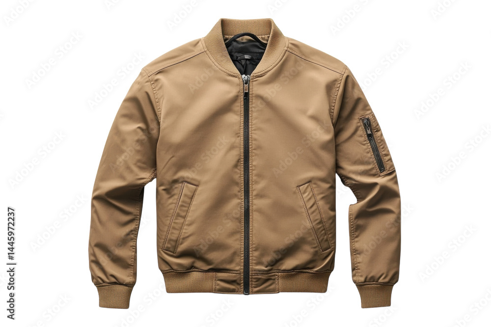 Stylish tan bomber jacket classic design zip closure side pockets detailed cuffs comfortable wear Stylish tan bomber jacket classic design zip closure side pockets detailed cuffs comfortable wear