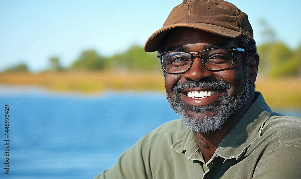 Smiling man with glasses and cap by serene water landscape in nature. Smiling man with glasses and cap by serene water landscape in nature.