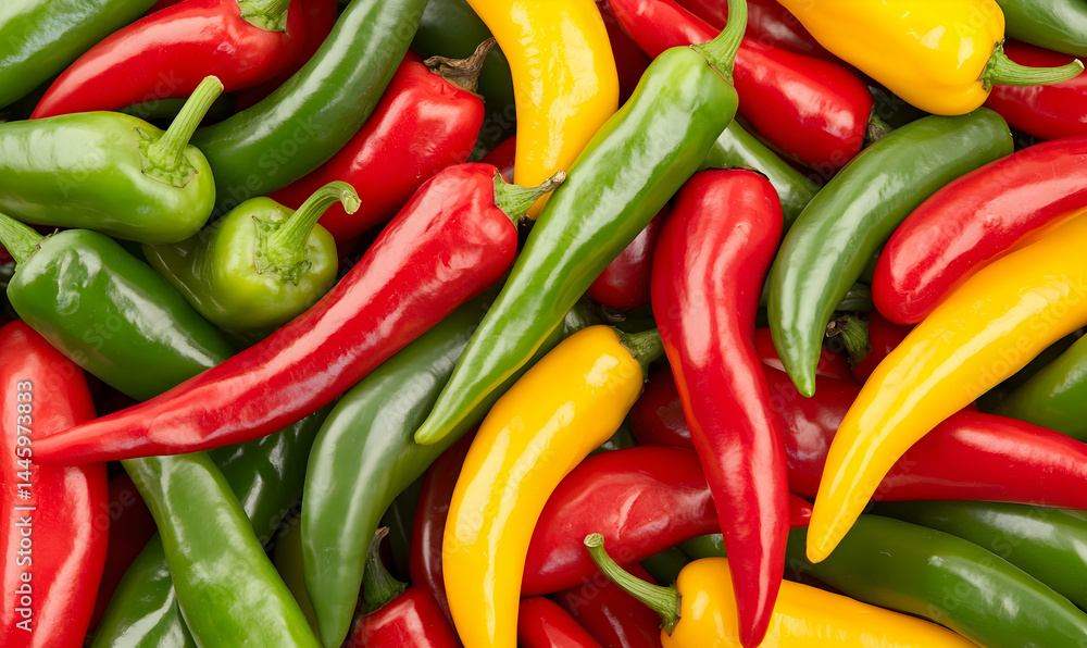 Colorful peppers, red, green, and yellow, filling the frame with a fresh, vibrant, organic texture Colorful peppers, red, green, and yellow, filling the frame with a fresh, vibrant, organic texture