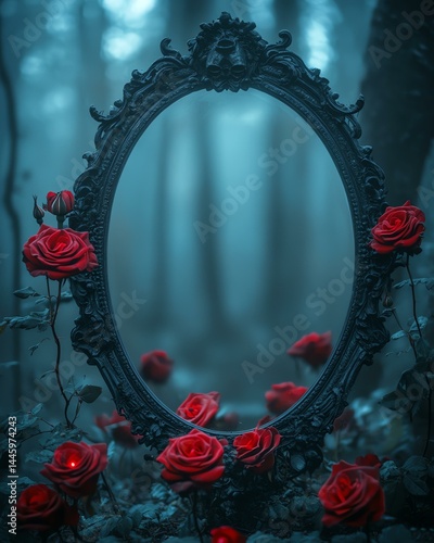 A mystical mirror surrounded by red roses.