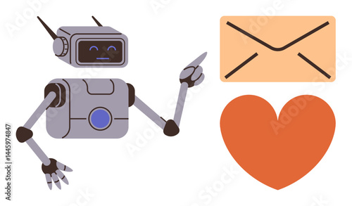 Smiling robot pointing at envelope and heart symbol. Ideal for communication, email, AI, technology, innovation, automation simple landing page. Line metaphor. Simple line icons