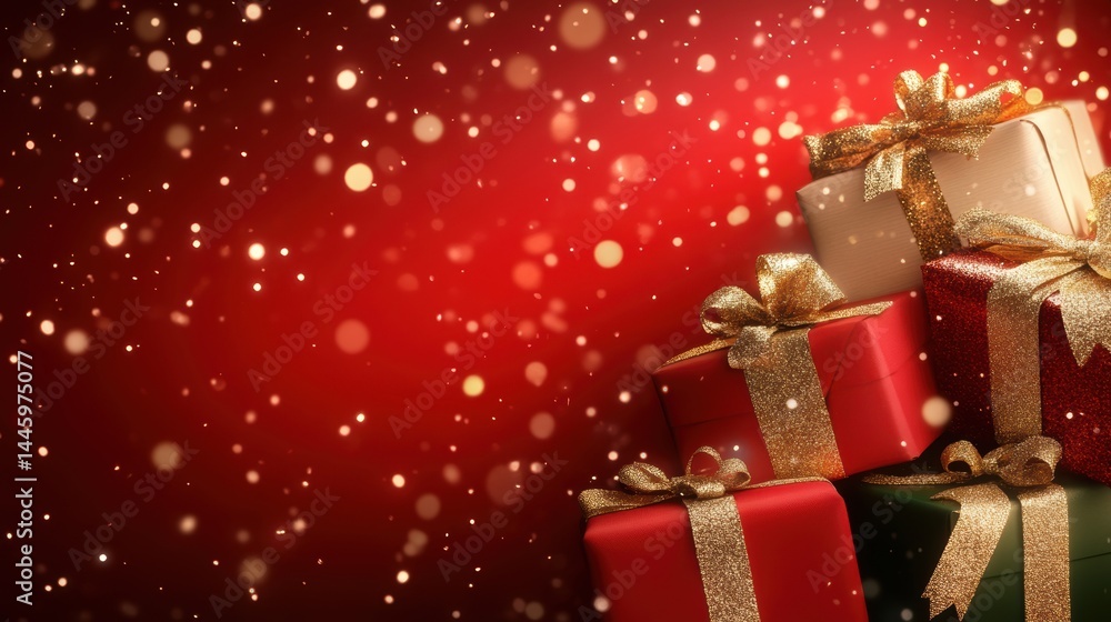 A festive scene featuring beautifully wrapped Christmas gifts on a vibrant red background, embellished with soft glowing lights, perfect for holiday advertisements, greeting cards A festive scene featuring beautifully wrapped Christmas gifts on a vibrant red background, embellished with soft glowing lights, perfect for holiday advertisements, greeting cards