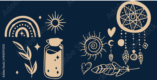 Hand-drawn vintage mystical and magic symbols illustration