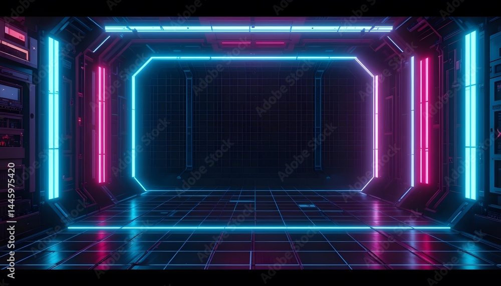 Retro-futuristic cyberpunk sci-fi background with neon lights and grids Retro-futuristic cyberpunk sci-fi background with neon lights and grids