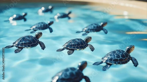Tiny turtles swimming in shallow water