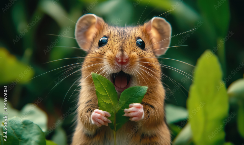 Cute hamster holding green leaves with joyful expression in lush greenery. Cute hamster holding green leaves with joyful expression in lush greenery.