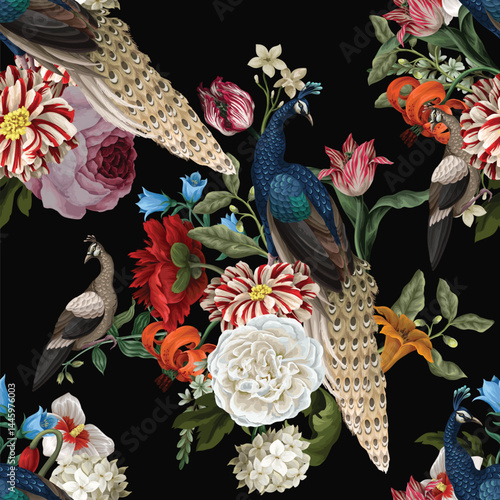 Seamless pattern with peacock and painting rococo still-lifes flowers. Vector.