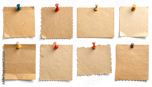 Arrangement of eight vintage paper notes pinned to a white surface showcasing various shapes and aged textures with colorful push pins and shadows.