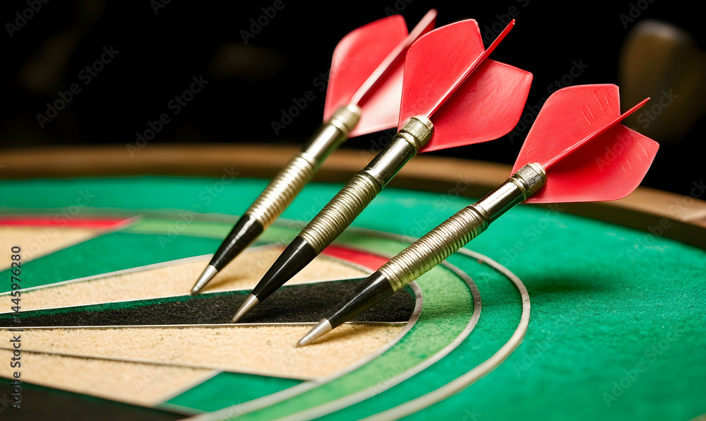 Close-up of three darts hitting the bullseye on a green, tan, and black dartboard against a dark background Close-up of three darts hitting the bullseye on a green, tan, and black dartboard against a dark background