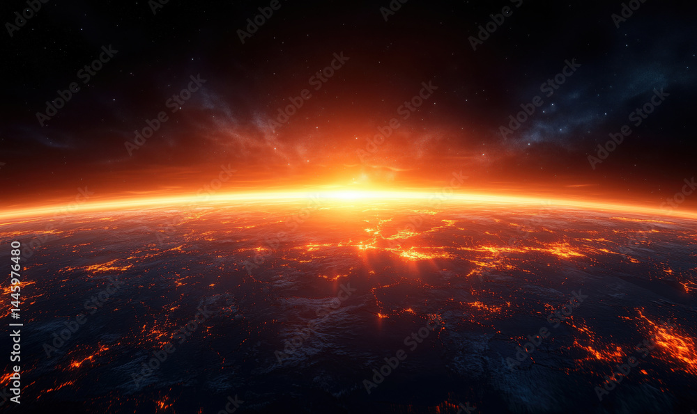 Stunning view of Earth from space during sunrise with fiery horizon and starry sky. Stunning view of Earth from space during sunrise with fiery horizon and starry sky.
