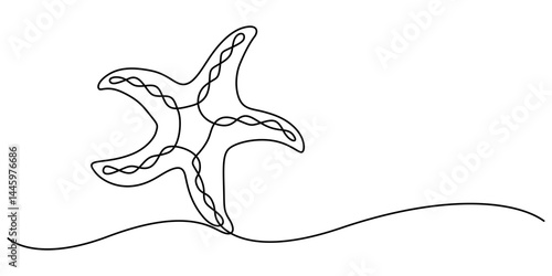 Continuous one line drawing of sea starfish. Minimalistic art web banner. Vector illustration, Starfish in one continuous line drawing. Symbol of summer, vacation, travel, beach in simple linear style