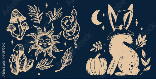 Hand-drawn vintage mystical and magic symbols illustration
