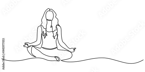 Woman sitting in meditation continuous one line drawing. Yoga sign in simple linear style. Vector illustration, Continuous one line drawing of beautiful female yoga pose character. woman doing yoga. 